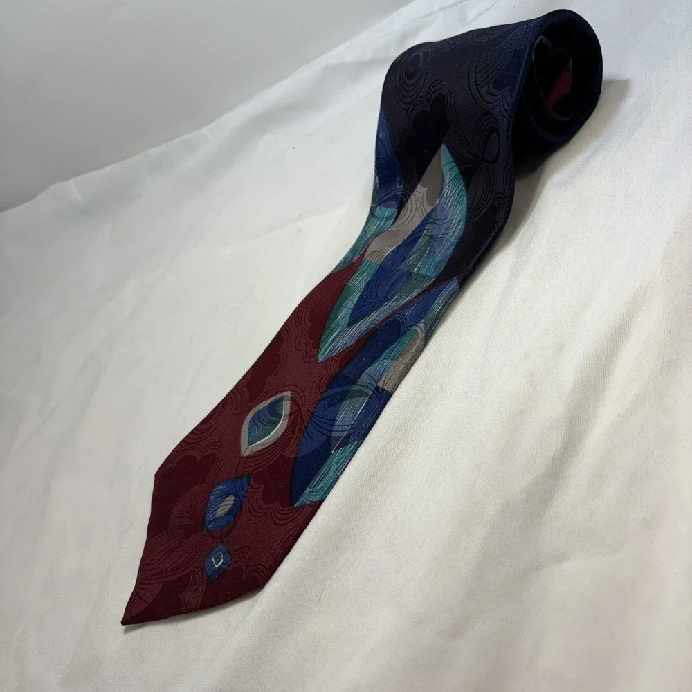 Vintage COURCHEVEL by DAMON Silk Necktie - Bold Geometric Abstract Red Blue Teal